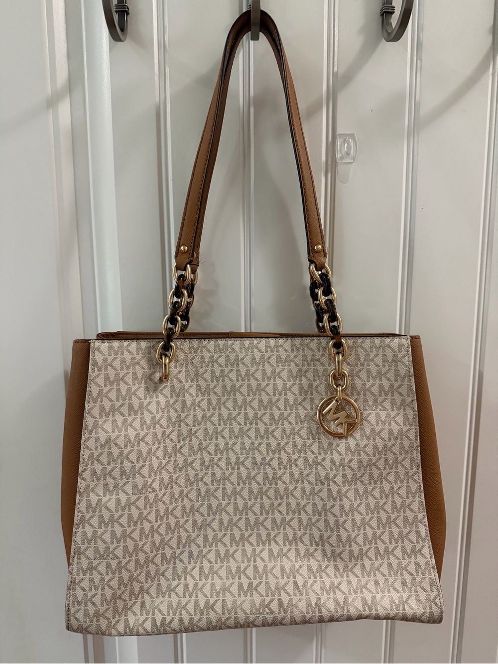 Michael Kors Beige & Brown Signature Logo Tote with Gold Hardware